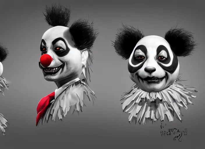 Image similar to award - winning detailed concept art of a strange creepy clown iconic anthropomorphic panda character wearing clown makeup. art by wlop on bcy. net, realistic. detailed feathers, art by cheng yi. artstationhd, artgerm, 3 dcg, pixar zootopia. 3 d rendering, high quality model sheet, disney. model sheet detailed