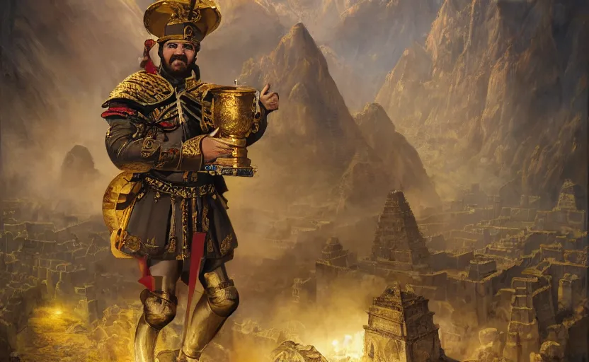 Image similar to smiling spanish conquer soldier francisco pizarro holding golden cup on a inca temple, wide view, high detailed, full perfect, symmetrical portrait, high detail, by craig mullins, peter mohrbacher, unreal engine, octane rendered, 8 k, dark beauty, trending on artstation