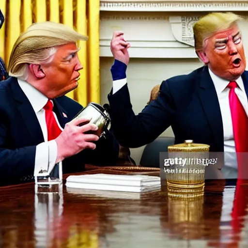 Image similar to Trump drinking out of a hipflask in the Oval Office, newspaper picture, pulitzer-prized photo