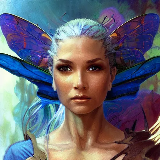 Image similar to painterly magical dragonfly, painted fantasy character portrait, headshot, fantasy, highly detailed, digital painting, artstation, concept art, sharp focus, illustration, art by the golden age of American illustration archive, simon bisley and frank frazetta, artgerm and greg rutkowski and alphonse mucha
