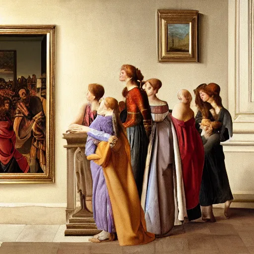 Prompt: Italian renaissance style people standing in an art gallery looking at art on the walls, photo realistic, oil on canvas