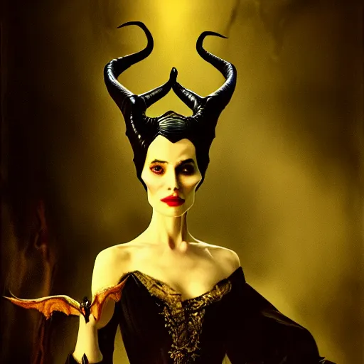 Prompt: a beautiful painting dramatic portrait of maleficent by rembrandt, featured on artstation