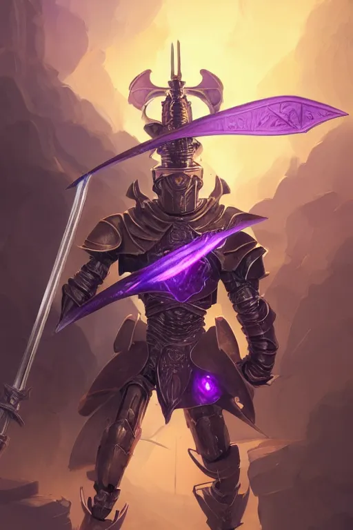 Image similar to fierce robot knight holdin magical sword, purple energy, highly detailed, d & d, fantasy, highly detailed, digital painting, trending on artstation, concept art, sharp focus, illustration, global illumination, ray tracing, realistic shaded, art by artgerm and greg rutkowski and fuji choko and viktoria gavrilenko and hoang lap