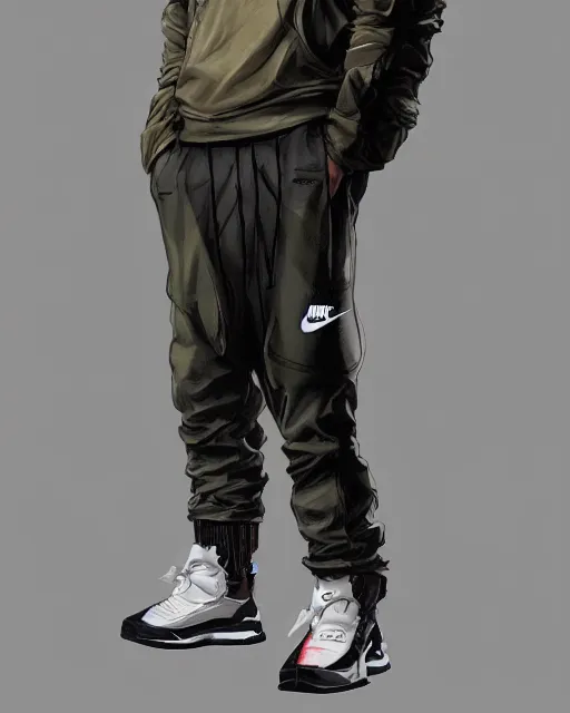 Image similar to Medium shot of a character wearing Nike ACG+Acronym P31-DS Pants in the style of greg rutkowski