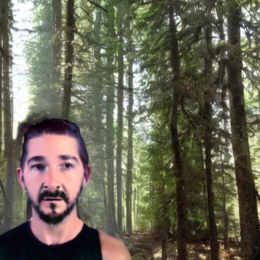 Image similar to you are in a forest, you see shia labeouf, badly hiding behind a bolder, sneakily looking at you, at lest 6 feet away