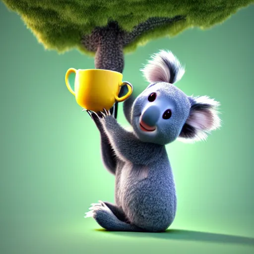 Image similar to cute koala bear holding a tea cup on a tree. pixar disney 4 k 3 d render funny animation movie oscar winning trending on artstation and behance. ratatouille style.