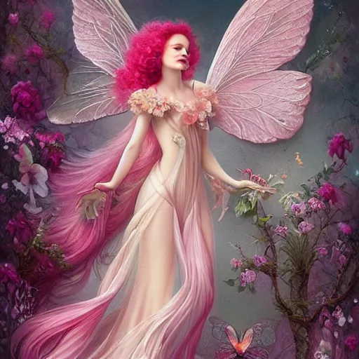 Image similar to a beautiful pink fairy with large wings and flowing hair exploring her lonely flower garden by herself in the style of tom bagshaw, extremely detailed, muted colors