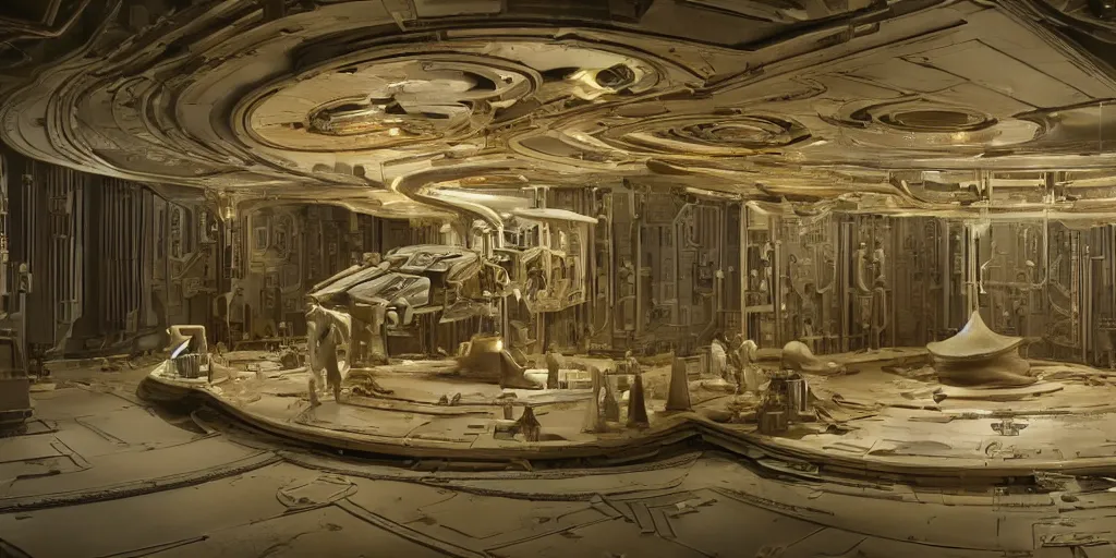 Image similar to Architectural model of a golden era science fiction set painted by James Jean, cinematography by Darren Aronofsky, composition by Fritz Lang