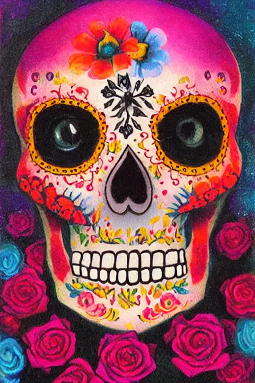 Prompt: Illustration of a sugar skull day of the dead girl, art by Paul Lehr