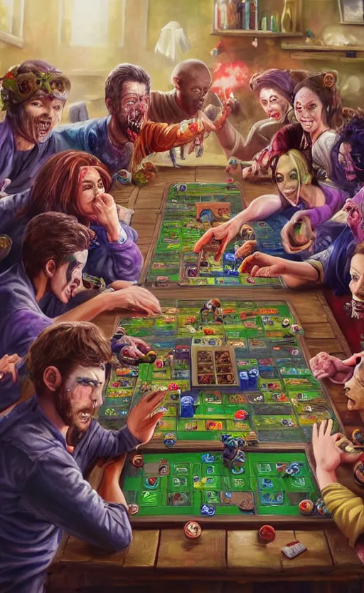 Prompt: beautiful detailed photorealistic painting of a group of friends dressed as zombies playing a board game. the friends are happy and having fun. vibrant, high quality, vibrant colors, very funny, beautiful, hq. hd. 4 k. award winning. trending on artstation