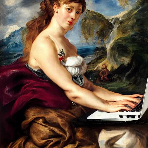 Image similar to heavenly summer sharp land sphere scallop well dressed lady working on her laptop auslese, by peter paul rubens and eugene delacroix and karol bak, hyperrealism, digital illustration, fauvist, looking at her imac laptop