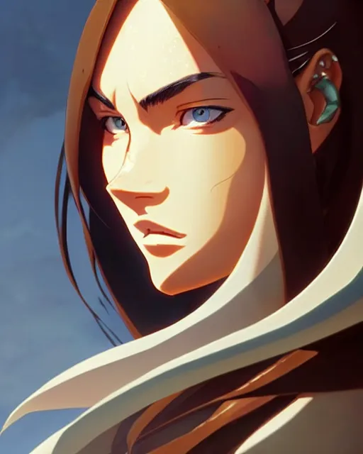 Image similar to azctec warrior, megan fox, detailed perfect face, exquisite details, fire magic, mid view, design on a white background, by studio muti, greg rutkowski makoto shinkai takashi takeuchi studio ghibli