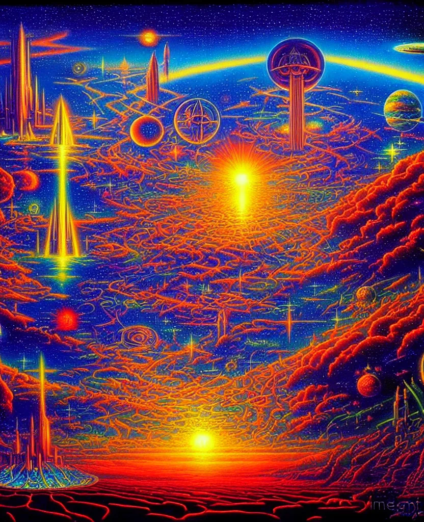 Prompt: a beautiful colorful future for humanity, spiritual science, divinity, utopian, heaven on earth by david a. hardy, kinkade, oleg korolev, prolific visionary art style, wpa, public works mural, socialist