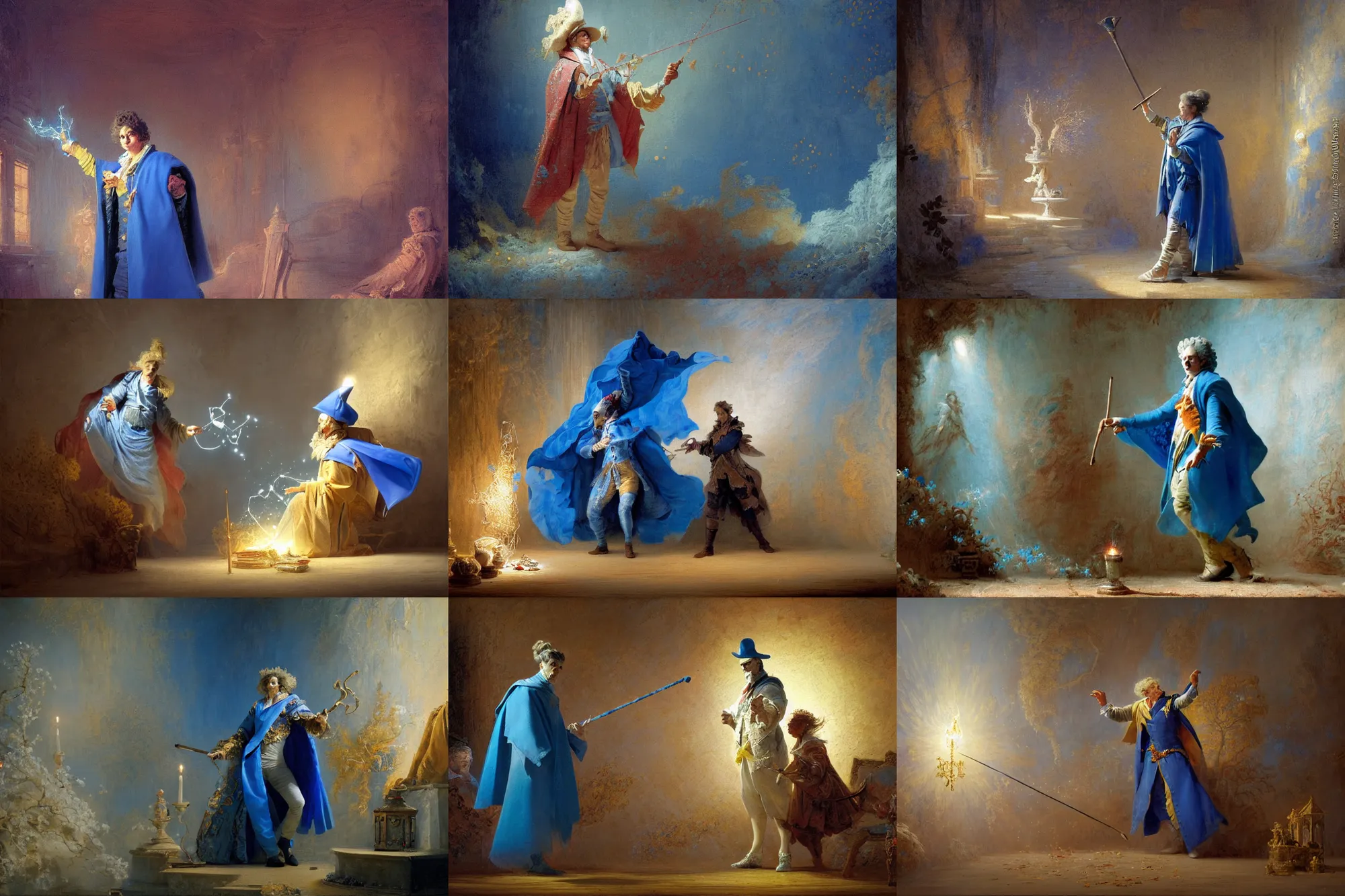 Prompt: a mage casting a spell with a blue cape, stars, sincere, modern maximalist suit, is ( ( holding a cane ) ). light dust, magnificent, hyperdetailed, theatrical, painted by jean honore fragonard and greg rutkowski