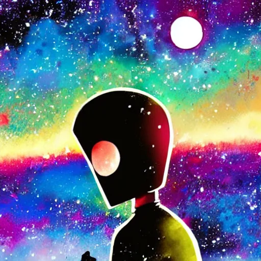 Prompt: celty sturluson in front of colorful galaxy
