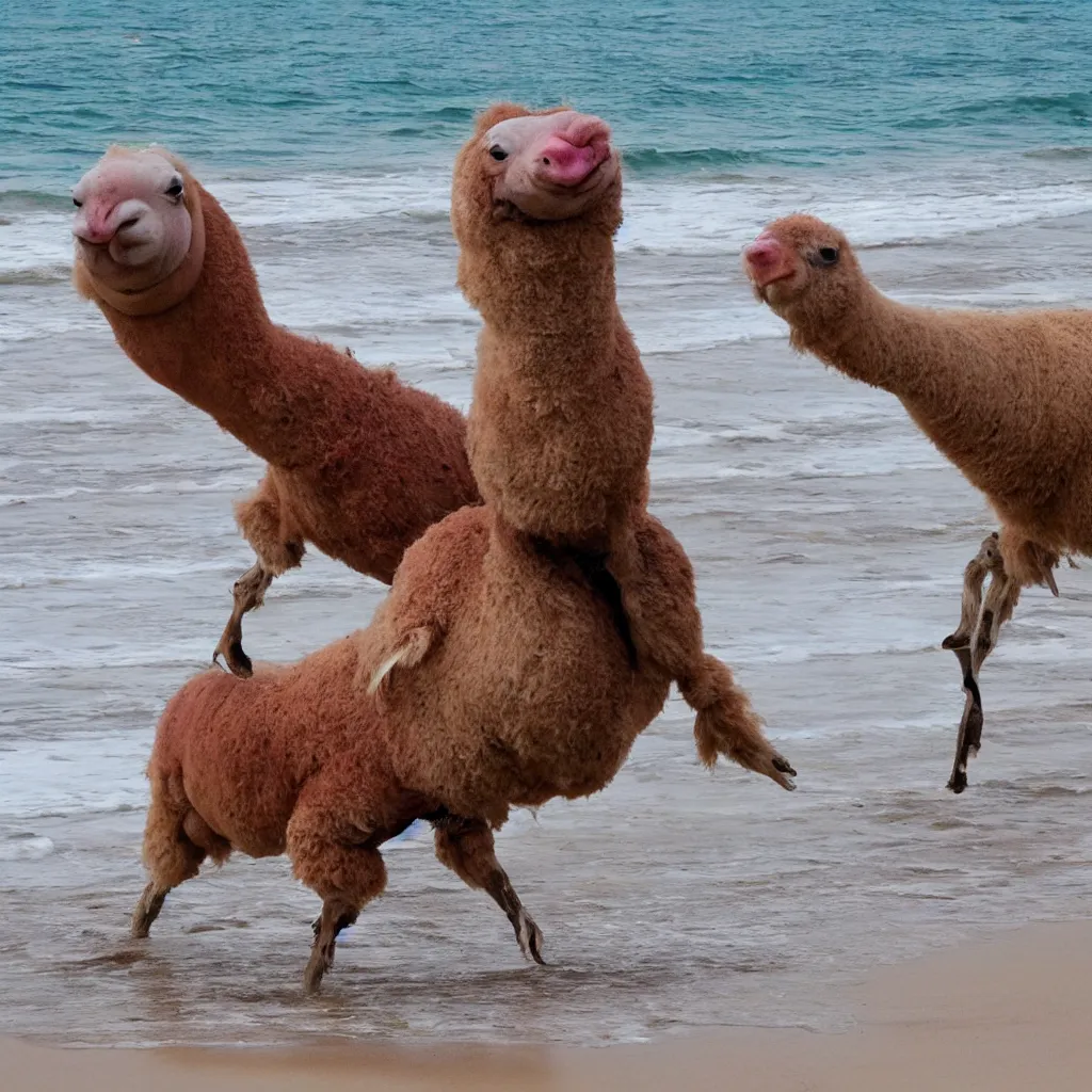 Prompt: a blobfish riding a llama on the beach