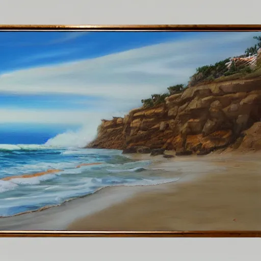 Prompt: san diego beach, oil on canvas, hyperrealism, photo realistic, artstation, centered, hdr