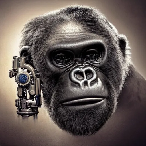 Image similar to a beautiful intricate fine art portrait photo of a a mechanical industrial steampunk cybernetic silverback gorilla, by tom bagshaw and zach sutton, perfection!, milk bath photography, studio lighting, backlight, 35mm lens, very detailed, bionic, cybernetic scifi, deep depth of field, artstation, 8K, highly coherent