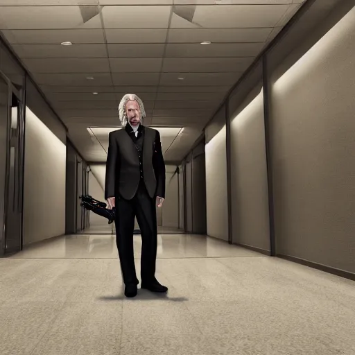 Prompt: Alan Rickman in a dark suit holding handgun, standing in lobby of office building, style of GTA V, octane render