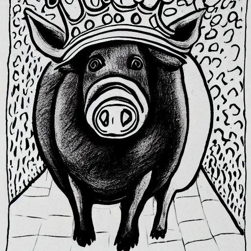 Prompt: walking pig wearing crown ink drawing black and white 35mm