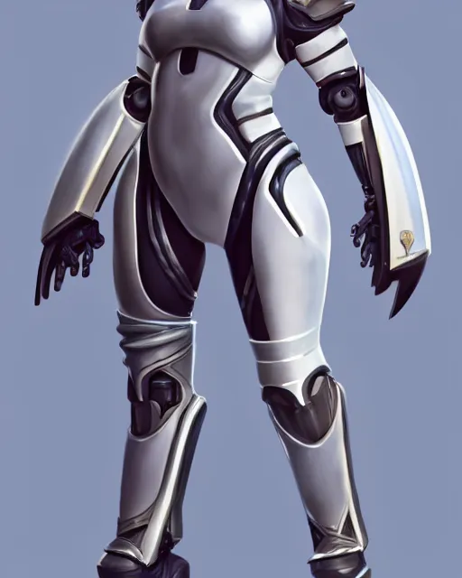 Image similar to concept art of a thicc female futurstic warrior, wearing a futuristic white helmet, futurstic smooth slim fitted armor, sleek design, aerodynamic design, holding a large futurstic robotic bow | | epic - fine - clean, polished, trending on artstation, brush strokes