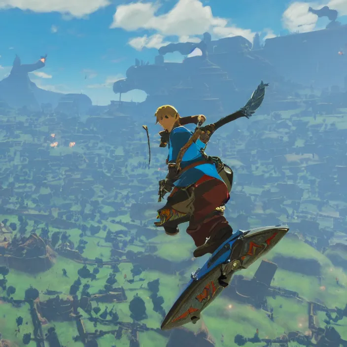 Image similar to Tony Hawk in The Legend of Zelda Breath of the Wild, detailed screenshot