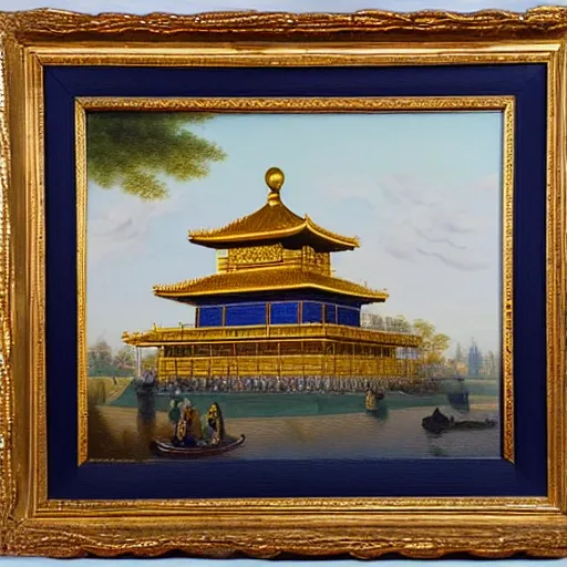 Image similar to dutch master style oil painting of the golden pavilion, high art