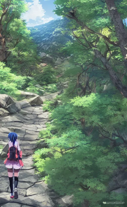 Prompt: an anime girl in the foreground hiking the Appalachian Trail alone, three point perspective, anime scene, digital art, 4k ultra