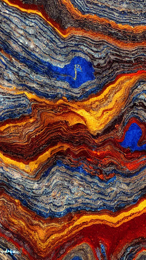 Image similar to vivid color, folded, tessellated planes of rock, alien sedimentary schematic, igneous rock, marbled veins, macro photography, 3D!!! diorama, depth of field with layers of strata, mineral grains, dramatic lighting, rock texture, sand by James jean, geology, octane render in the style of Luis García Mozos