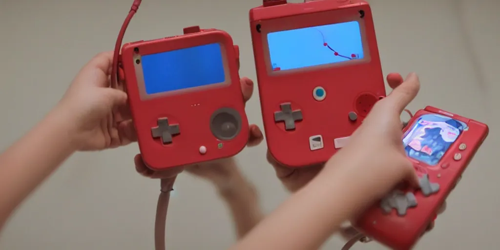 Prompt: heart monitor films in a childrens hospital on a wide red gameboy handheld console