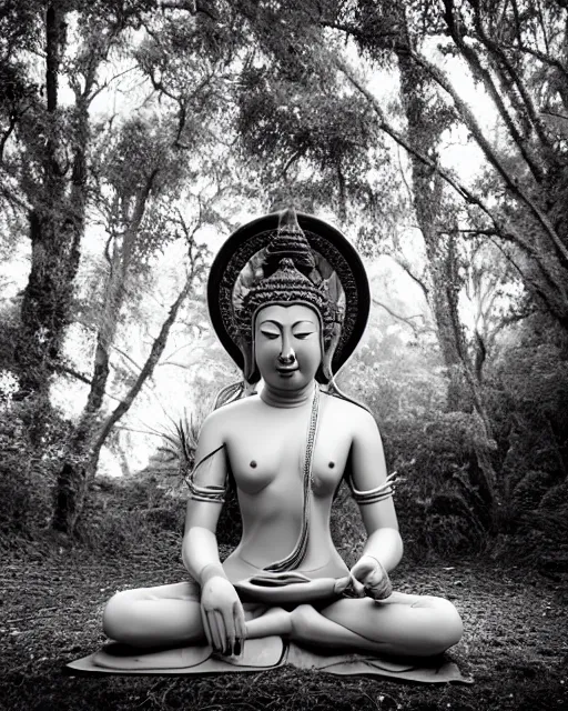 Image similar to contented peaceful female bodhisattva!!, praying meditating, in scenic environment, portrait photograph by peter coulson