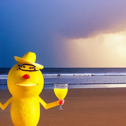 Prompt: a 5 0 mm photograph, of a real anthropomorphic lemon character, it has lemon skin texture, it's wearing fedora and holding a glass of lemon, building a sandcastle on the beach, at sunset, beach, huge waves, bright sun, turbid clouds, tropical trees, rim light, sand, sandcastle, volumetric lightening, pentax k