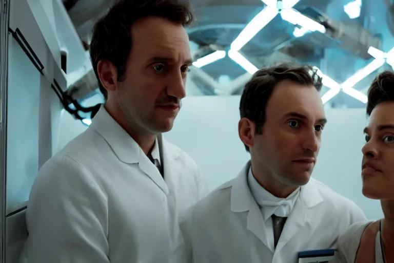 Image similar to movie closeup polar opposites, couple, researchers in a futuristic lab building inter dimensional portal machine, beautiful skin, Symmetrical faces. Beautiful lighting by Emmanuel Lubezki