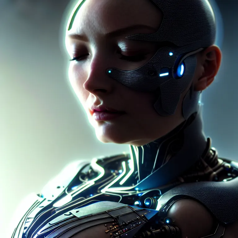 Image similar to ultra realistic, beautiful cyborg woman eyes closed, metahuman, cyberpunk, sci-fi, magic, fantasy, intricate details, elegant, highly detailed, digital painting, octane render, clay render, artstation, concept art, smooth, sharp focus, eerie, illustration, 8k, HD, art by artgerm and greg rutkowski and alphonse mucha