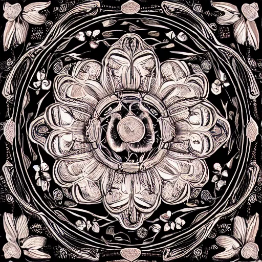 Prompt: beautiful decorative ornament with classical floral elements emanating from center of design, decorative design, classical ornament, motif, bilateral symmetry, roses, leaves, flowers, buds, flowering buds, negative space, highly detailed etching