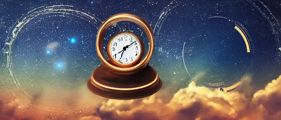 Prompt: A magic clock in the starry sky with a magic portal next to it