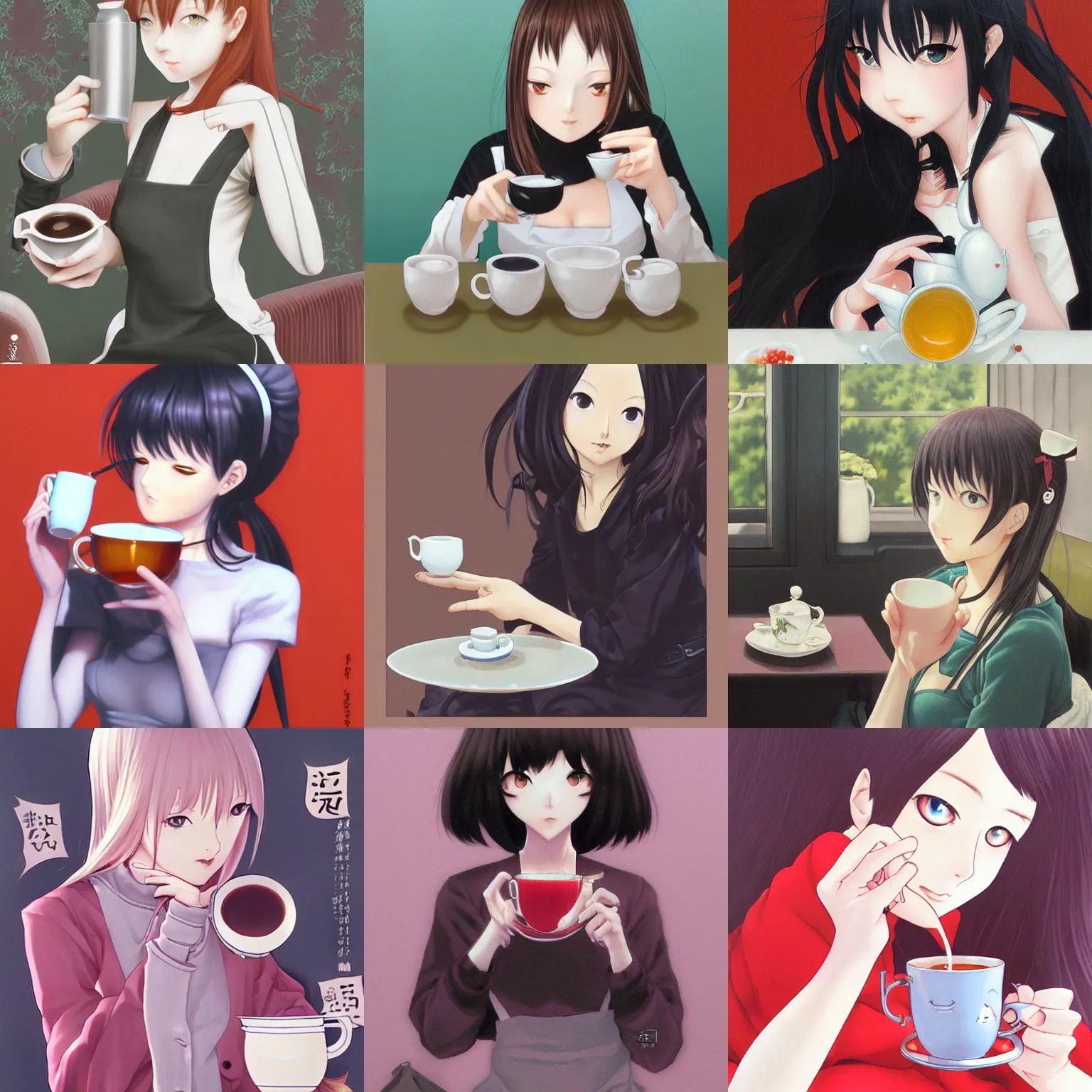 Prompt: Woman drinking tea by Range Murata