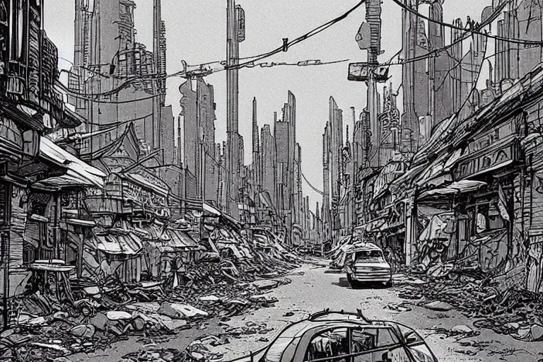 Prompt: a post apocalyptic city street, by Moebius