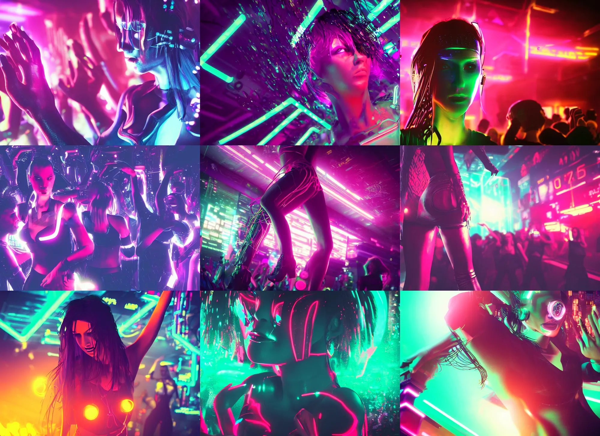 Prompt: closeup of a Cyberpunk woman dancing in a crowd in a neon nightclub, dim, moody, atmospheric, unfocused, digital art, trending on Artstation