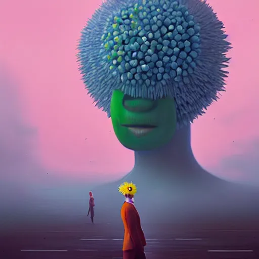 Image similar to giant daisy flower head, frontal, girl in a suit standing on street, surreal photography, sunrise, dramatic light, impressionist painting, digital painting, artstation, simon stalenhag