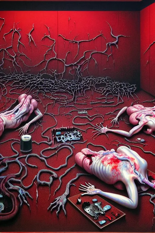 Image similar to a hyperrealistic painting of a horror slaughter house autopsy room with evil surgeons and scary creatures, cinematic horror by chris cunningham, lisa frank, richard corben, highly detailed, vivid color, beksinski painting, part by adrian ghenie and gerhard richter. art by takato yamamoto. masterpiece