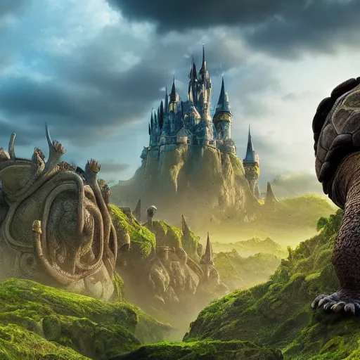 Prompt: giant tortoise walking with a large fantasy castle rising growing from the top of it, distant shot birds eye view, fantasy, hyper detailed, 4 k, howls moving castle, mortal engines,