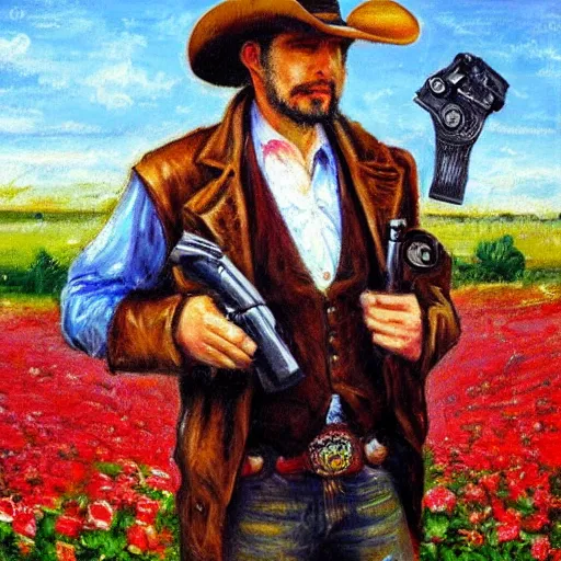 Image similar to an impressionist painting of a tall man with blue eyes that is wearing a cowboy hat and a leather vest. He is holding a revolver in his left hand and a rose is in his right hand. He is standing in a field of roses.