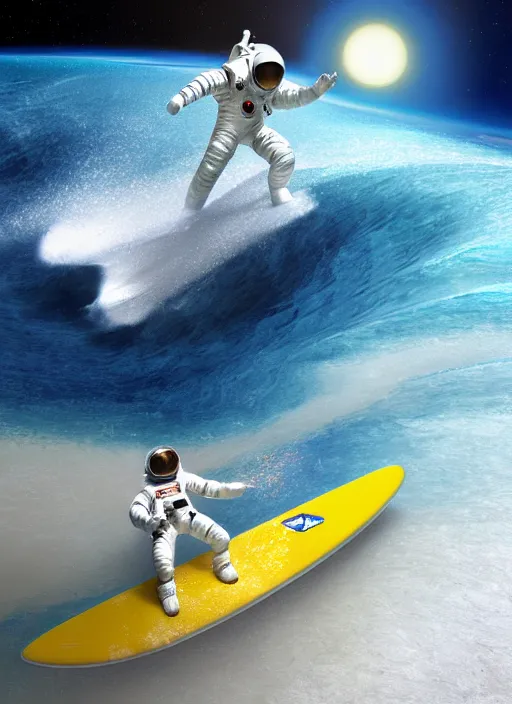 Image similar to an amazing digital painting of an astronaut in a white and royal blue luxurious space suit surfing an interstellar tsunami on a futuristic surfboard at Pamukkale, thermal waters flowing down multiversal gold travertine terraces by greg rutkowski, photorealistic, trending on artstation, highly detailed, unreal engine, octane render