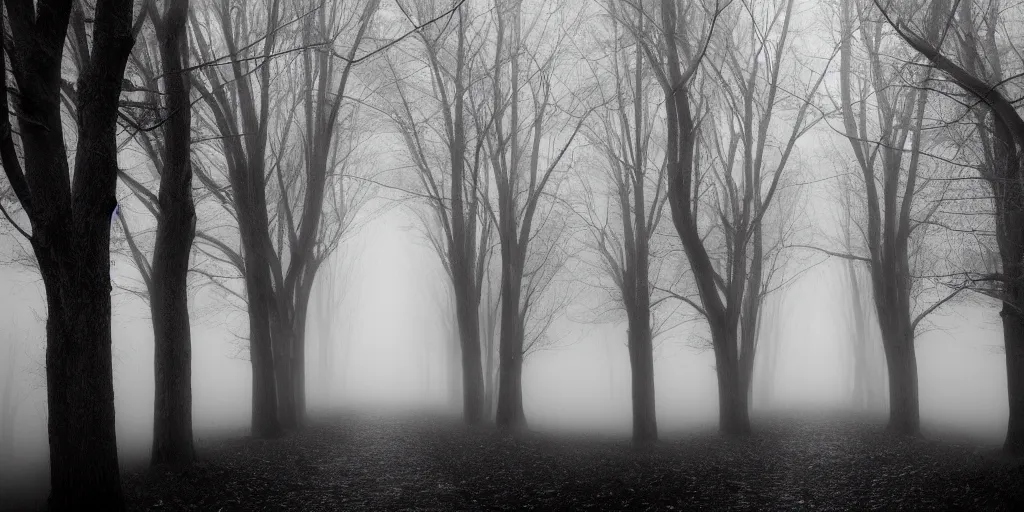 Image similar to dark path creepy trees arching grayscale fog