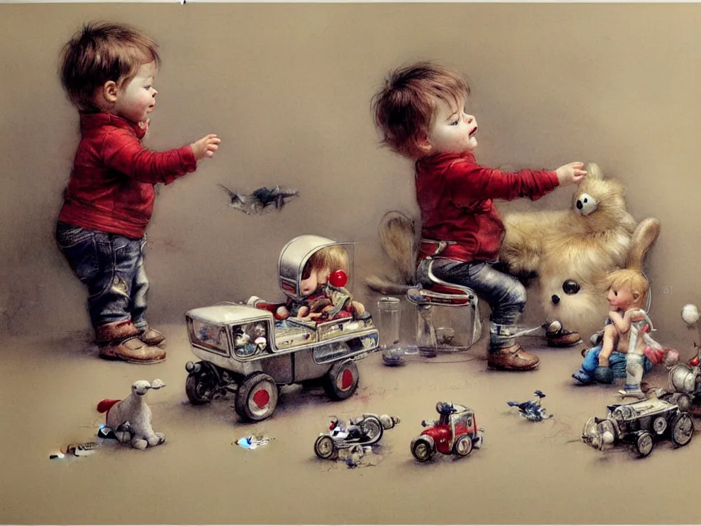 Prompt: toddler ( ( ( ( ( 2 0 2 2 retro future living room. muted colors. toys laying around ) ) ) ) ) by jean baptiste monge, chrome red, chrome silver