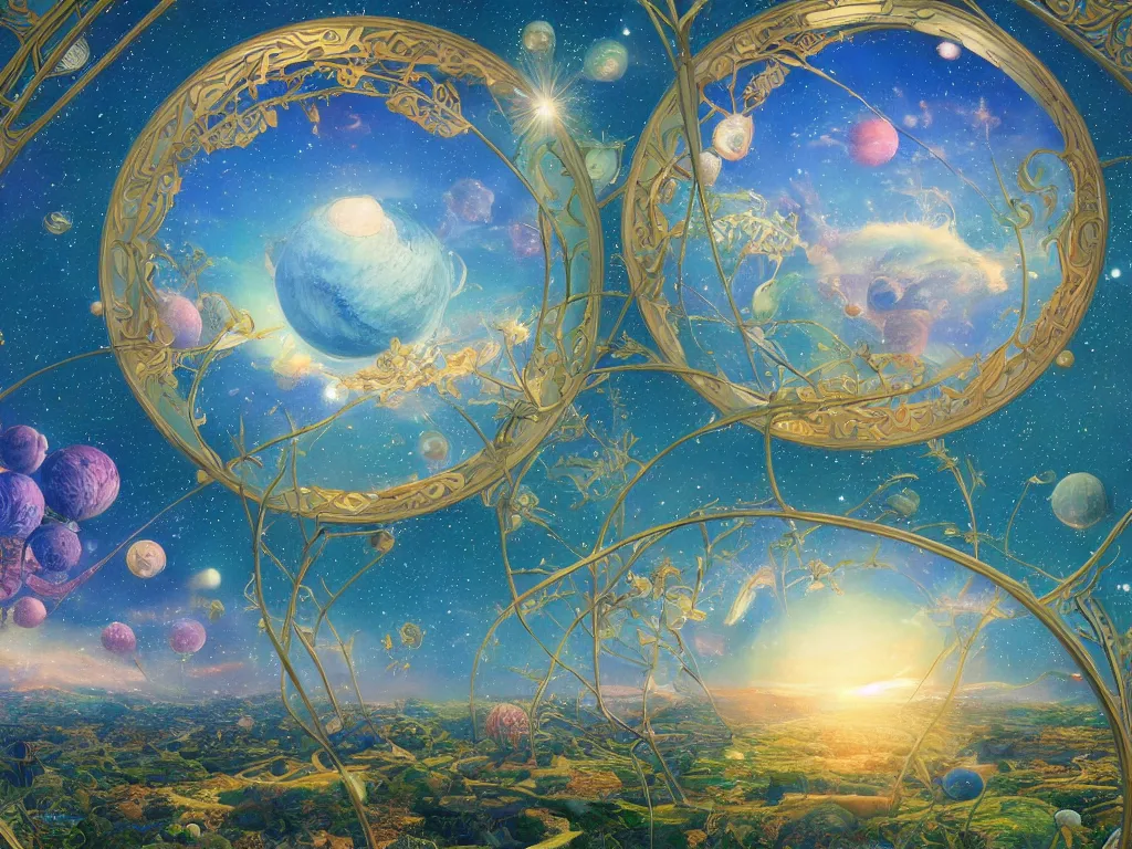 Prompt: The universe is a spheroid region 705 meters in diameter, 3d render, Sunlight Study, by Marianne North and ((((Lisa Frank)))), Art Nouveau, 8k, extreme detail, sharp focus, octane render