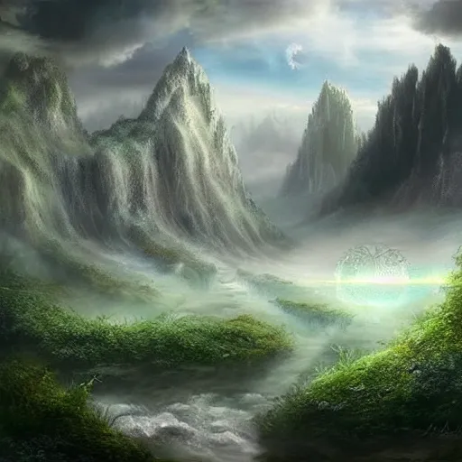 Image similar to mystical fantasy landscape, realistic