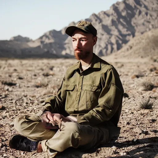 Prompt: portrait of a man wearing camuflage, army clothing, he ‘ s sitting in the desert eating some colorful crayons, beautiful composition, 5 0 mm f 1. 8, ambient light