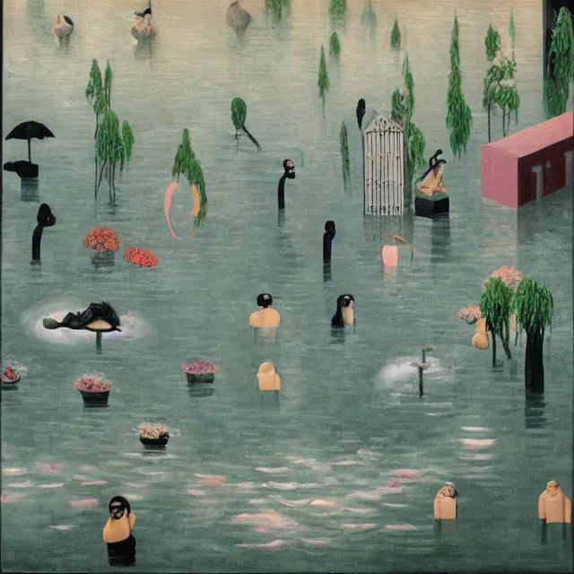 Image similar to painting of flood waters inside an apartment, taps with running water, tall female emo art student, a river flooding inside, tangelos, zen, pigs, ikebana, water, river, rapids, waterfall, black swans, canoe, pomegranate, berries dripping, acrylic on canvas, surrealist, by magritte and monet